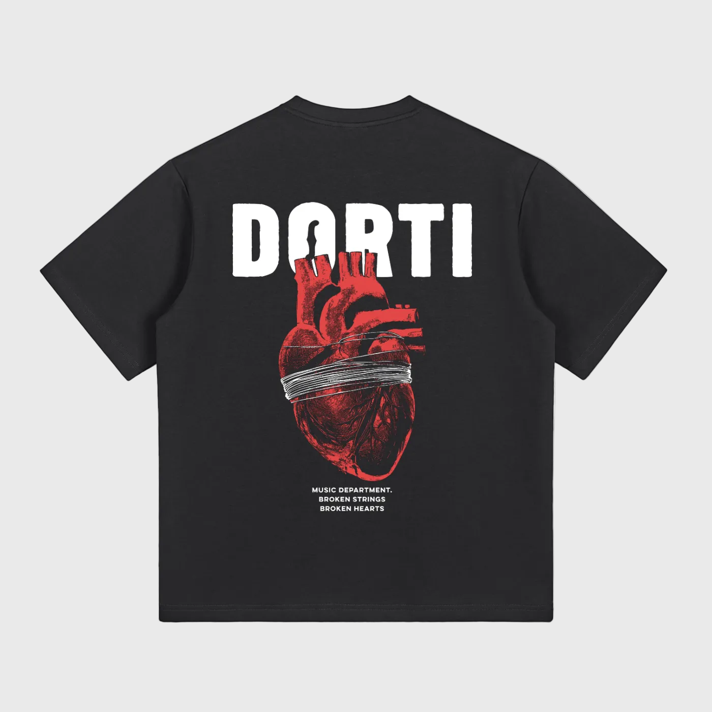 Black t-shirt with a red heart graphic and 'DORTI' text on the back, on a white background.