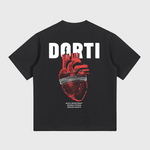 Black t-shirt with a red heart graphic and 'DORTI' text on the back, on a white background.