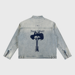 DORTI Light blue denim jacket with a Jimi Skull graphic on the back on a white background