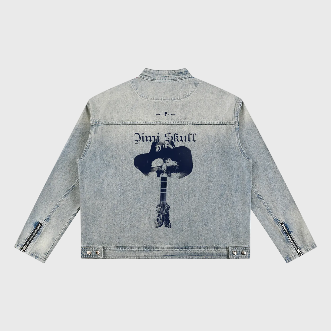 Denim jacket with a Jimi Skull graphic design on a white background