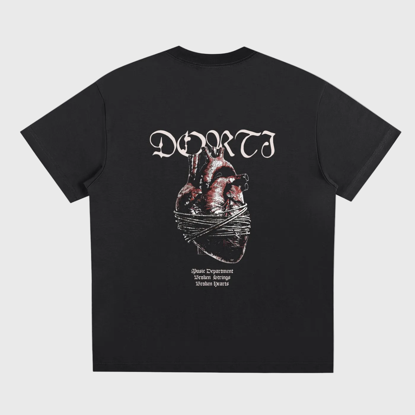Black t-shirt with graphic design and text on a white background