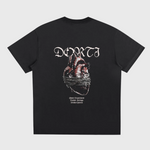 Black t-shirt with graphic design and text on a white background