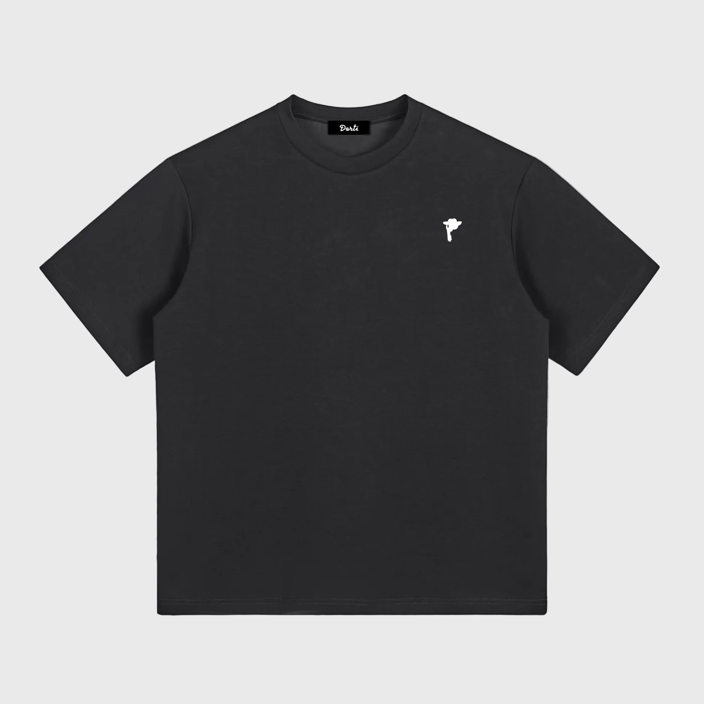 Black DORTI t-shirt with a small white Jimi Skull logo on a white background