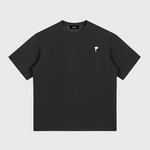 Black DORTI t-shirt with a small white Jimi Skull logo on a white background