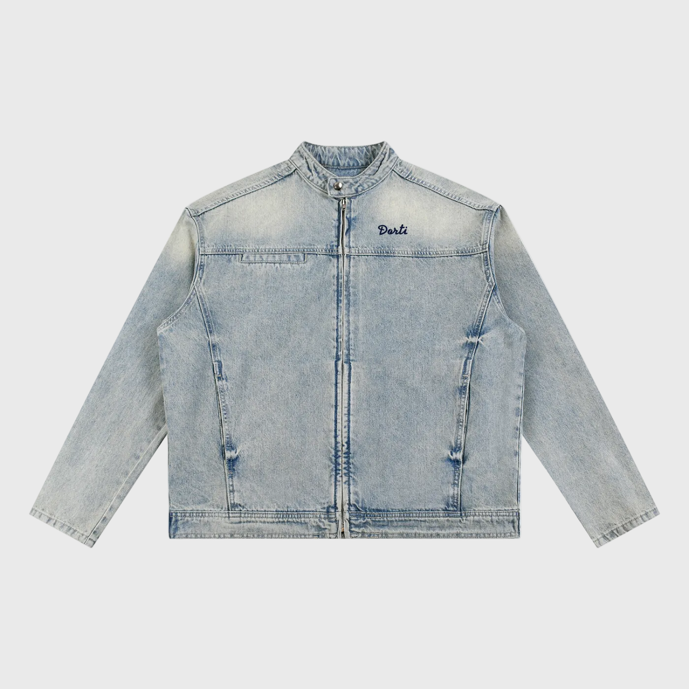 DORTI Light blue denim jacket with a DORTI logo on the front on a white background