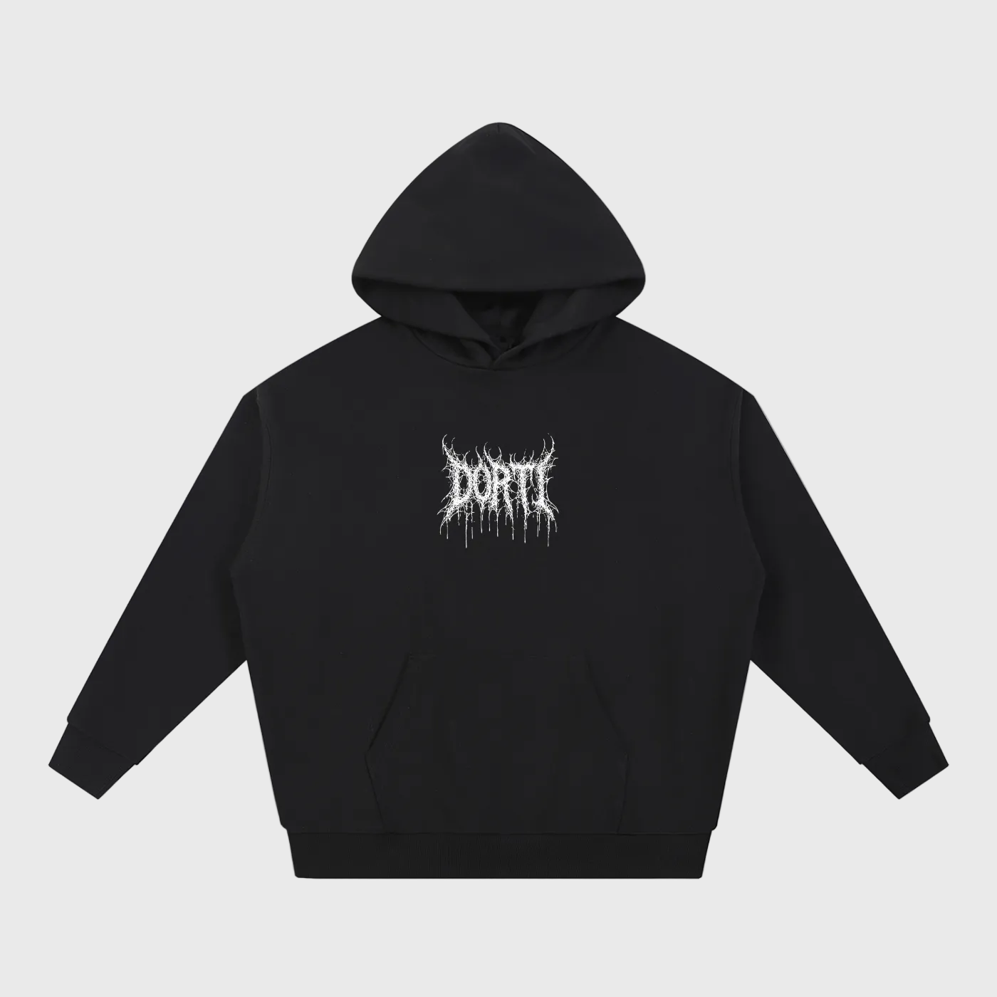 Black DORTI hoodie with white logo on a light gray background