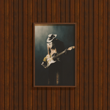 Dorti Framed artwork of Jimi Skull playing guitar on a wooden wall.