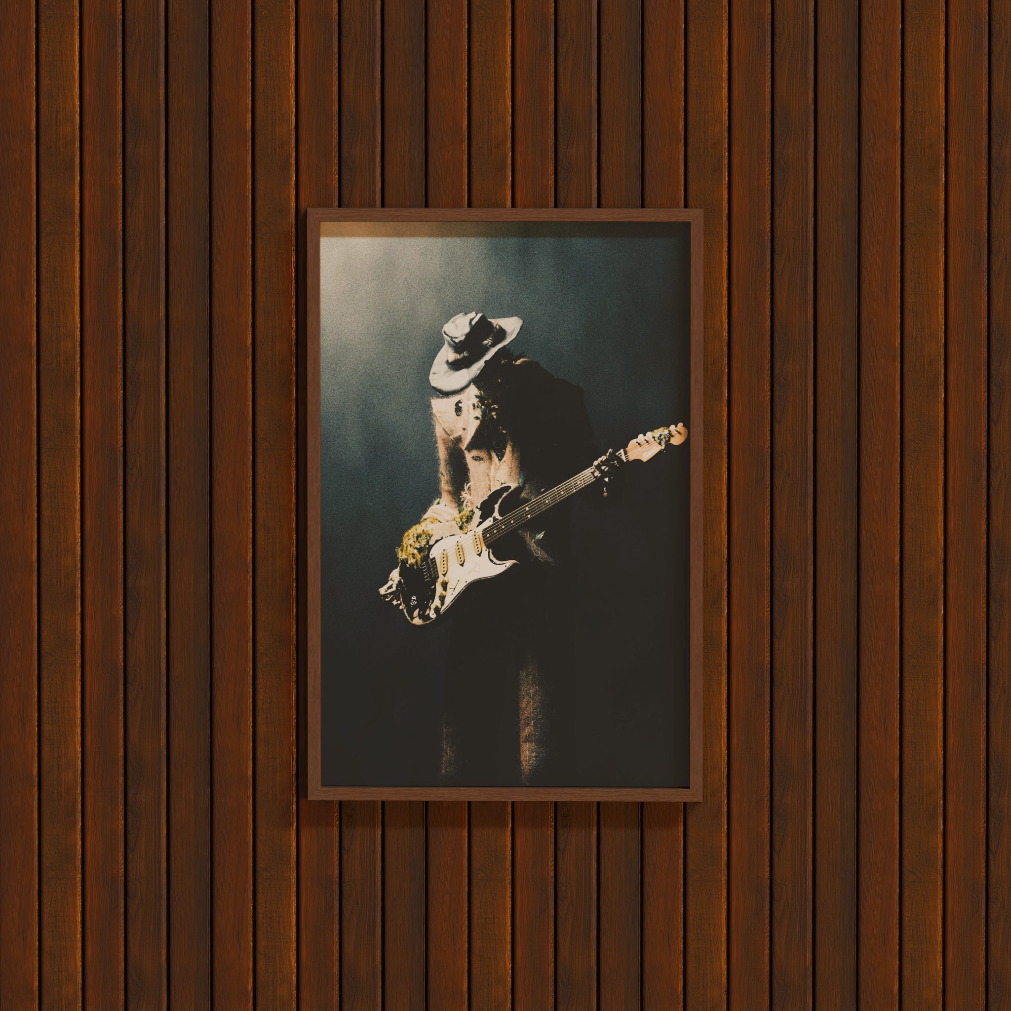DORTI Jimi Skull Unplugged guitar poster framed on a dark wood wall