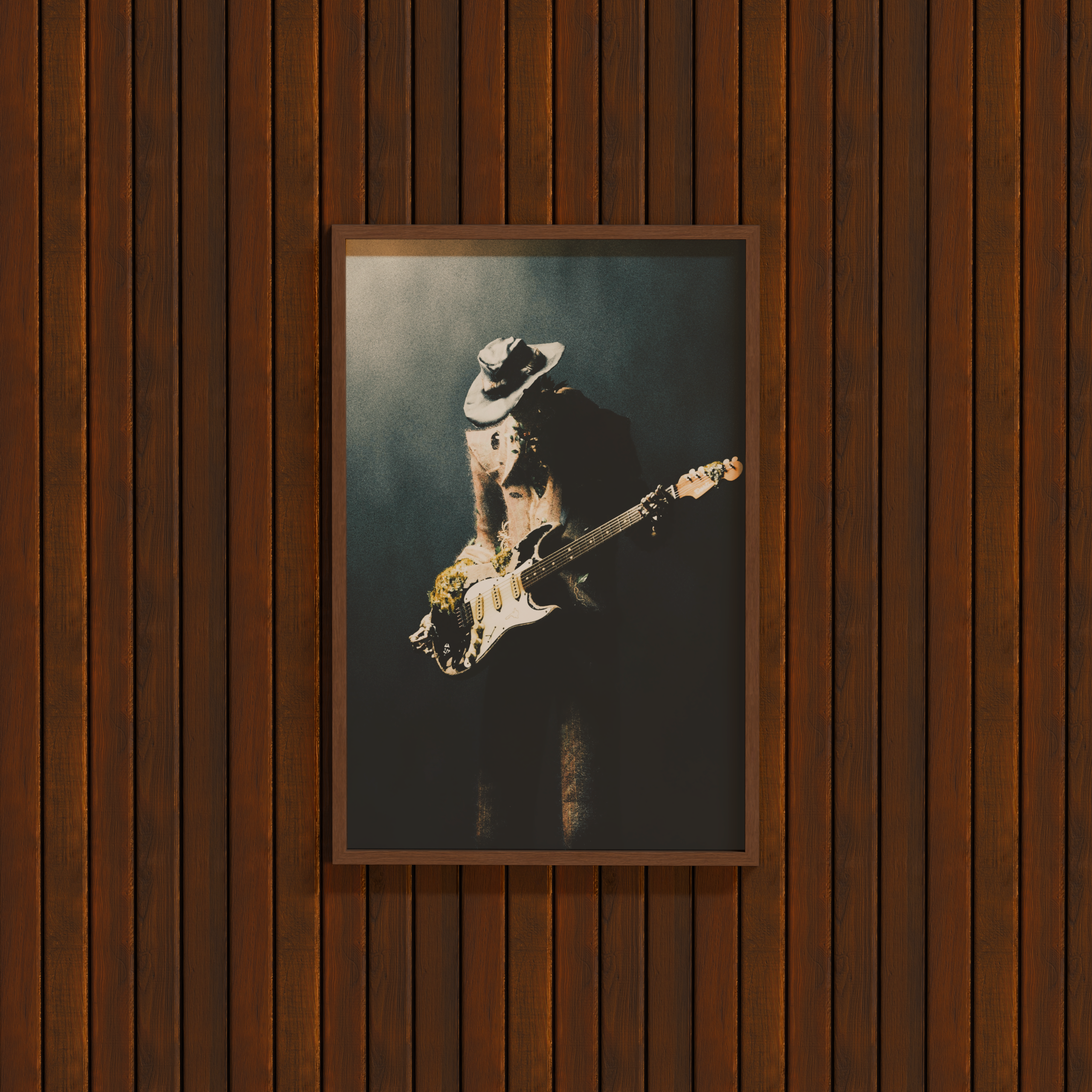 Dorti Framed artwork of Jimi Skull playing guitar on a wooden wall.