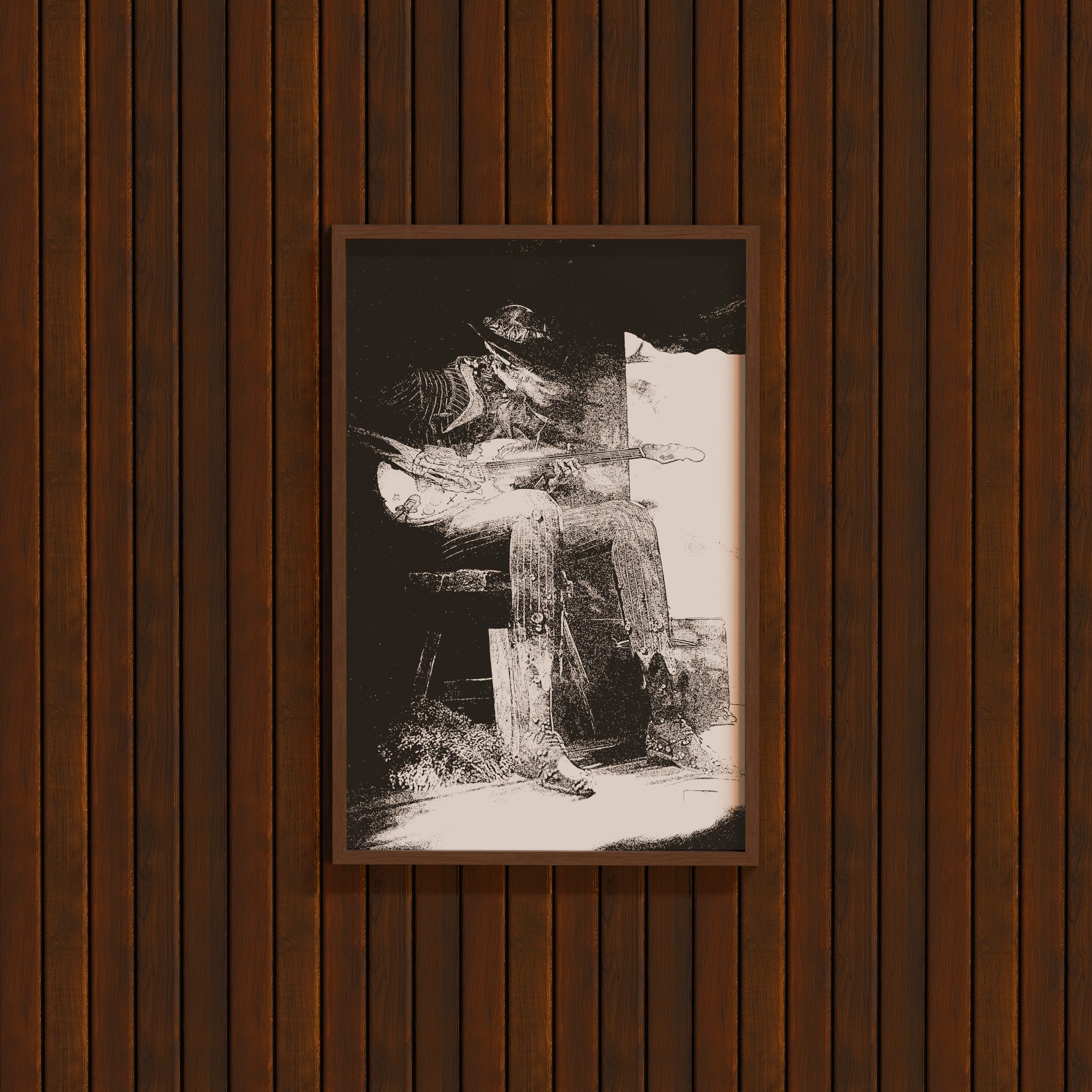 DORTI Jimi Skull Distortion guitar poster framed on a dark wood wall