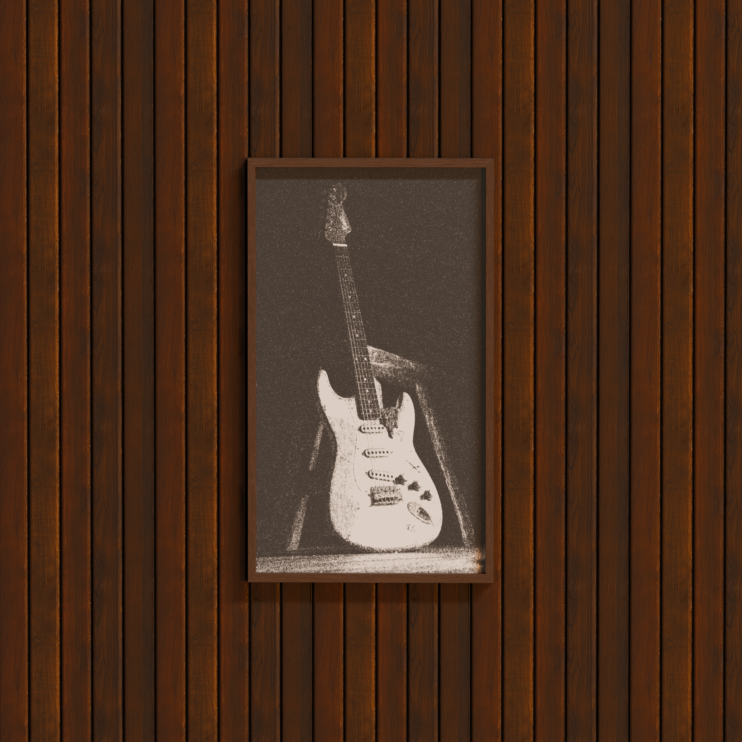 DORTI framed black and white guitar art print on a wooden wall