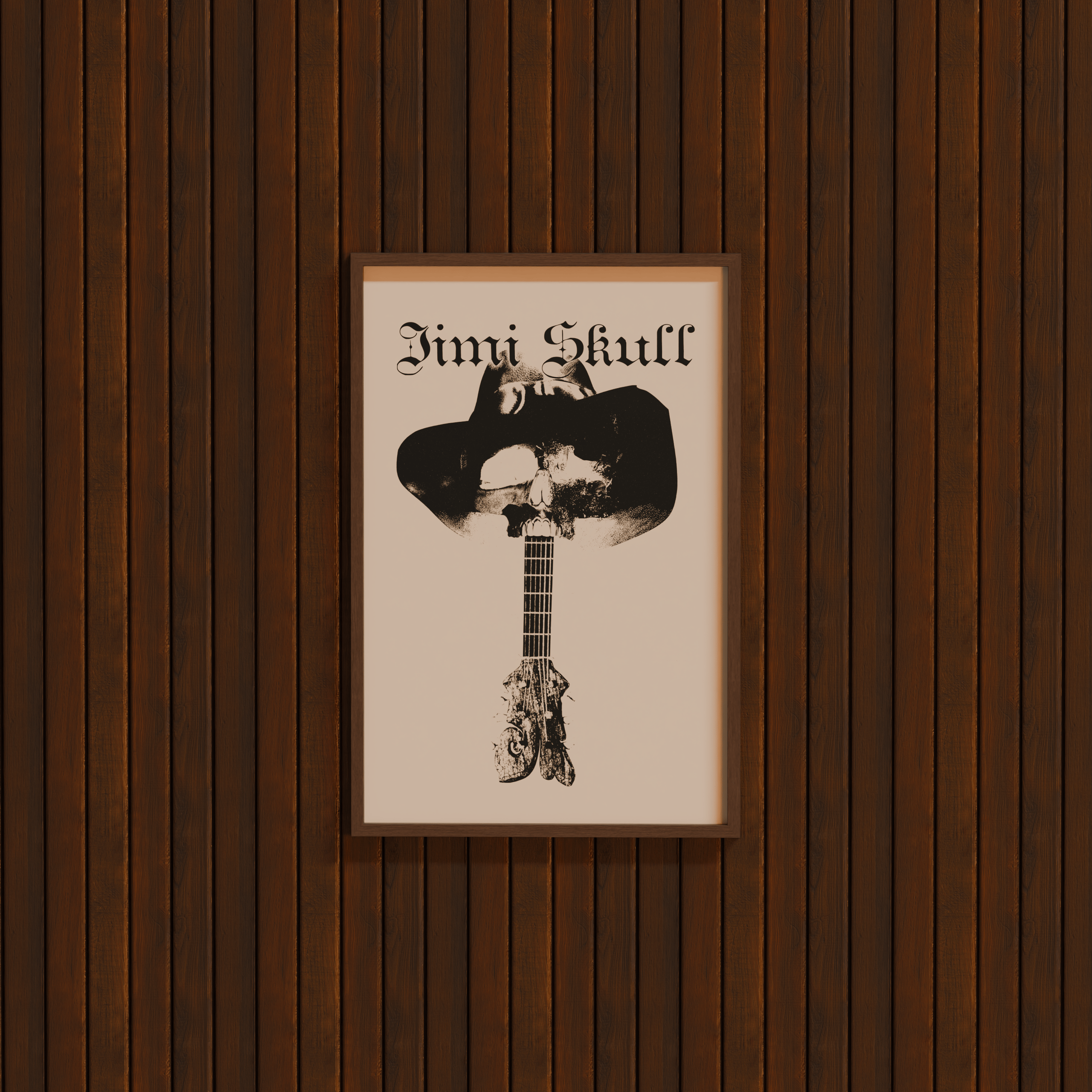 Framed DORTI poster of a guitar with a skull design on a wooden wall. Text on the poster says Jimi Skull.