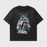 Black t-shirt with a graphic of a person playing guitar and text on a white background