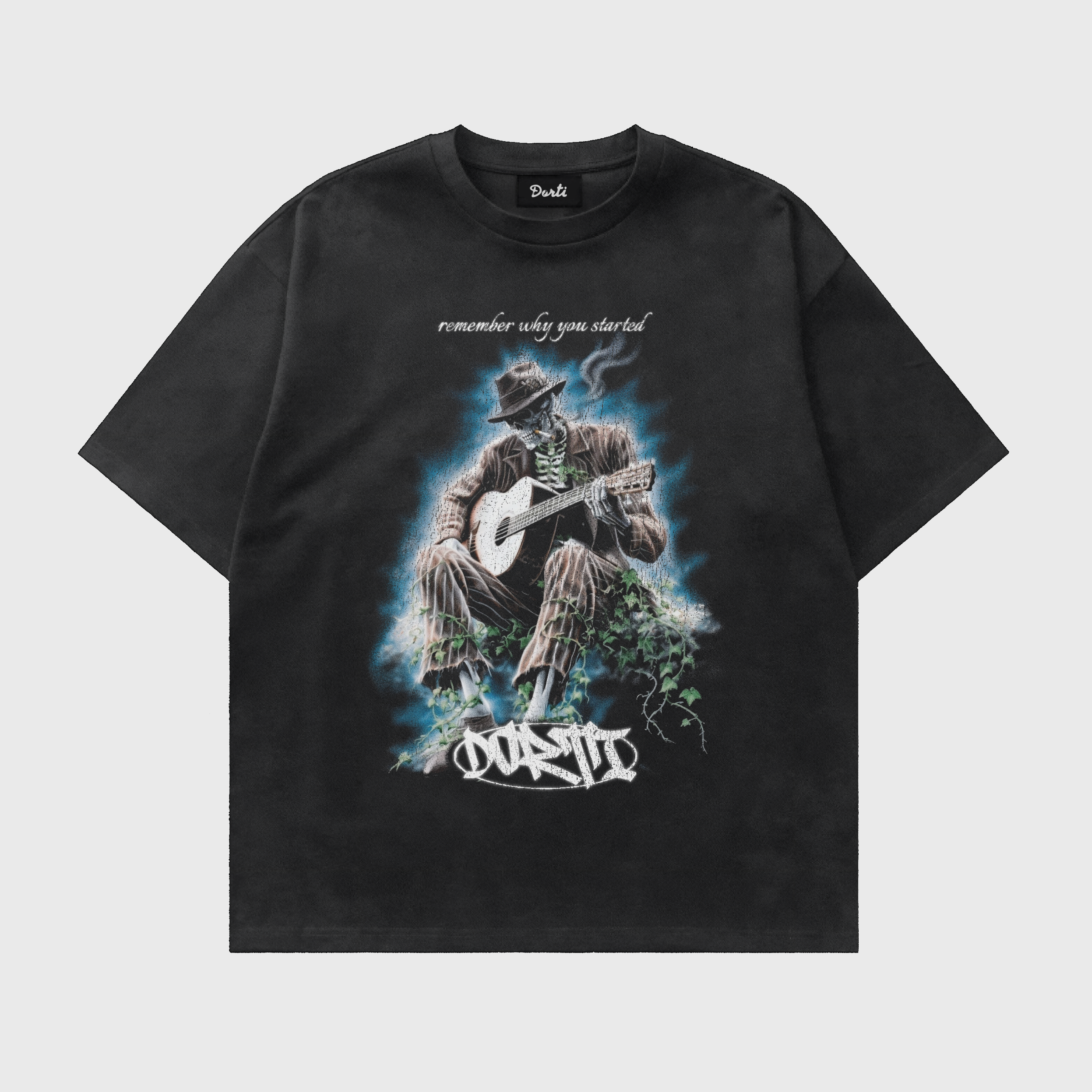 Black t-shirt with a graphic of a person playing guitar and text on a white background